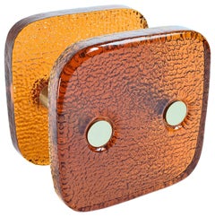 Square Push and Pull Door Handle Orange Glass with Metal Fittings France, 1970s