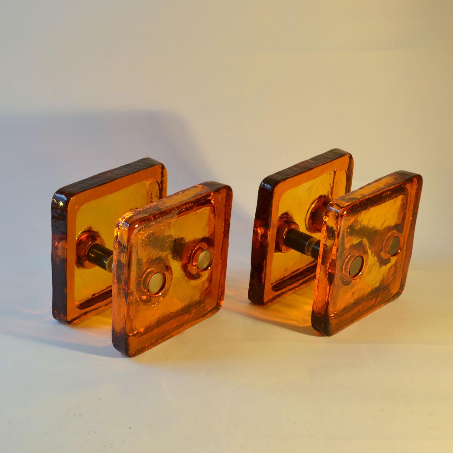Mid-Century Modern Architectural Square Push Pull Pair of Double Door Handle in Orange Glass