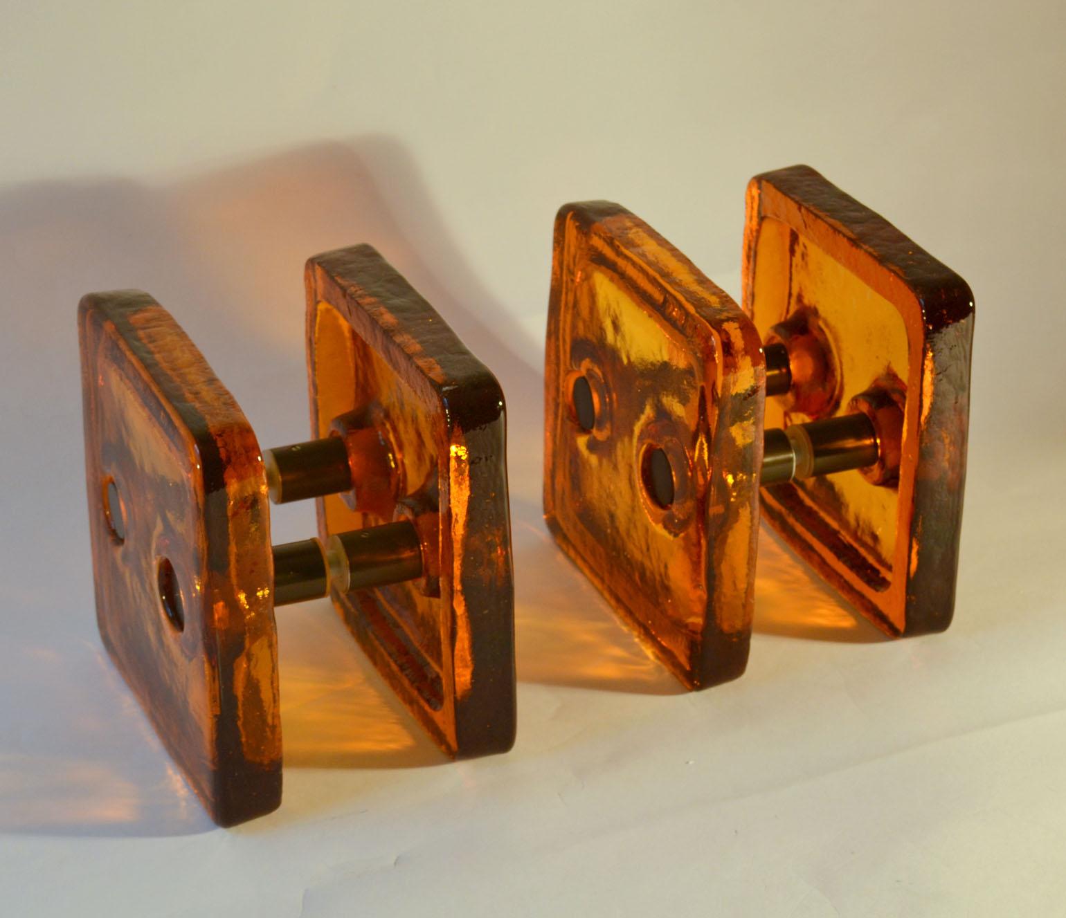 French Architectural Square Push Pull Pair of Double Door Handle in Orange Glass
