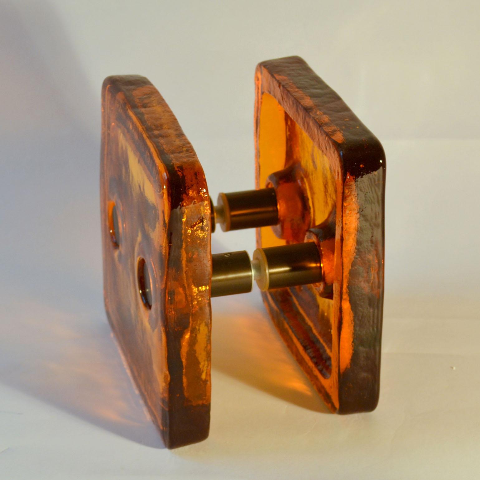 Late 20th Century Architectural Square Push Pull Pair of Double Door Handle in Orange Glass