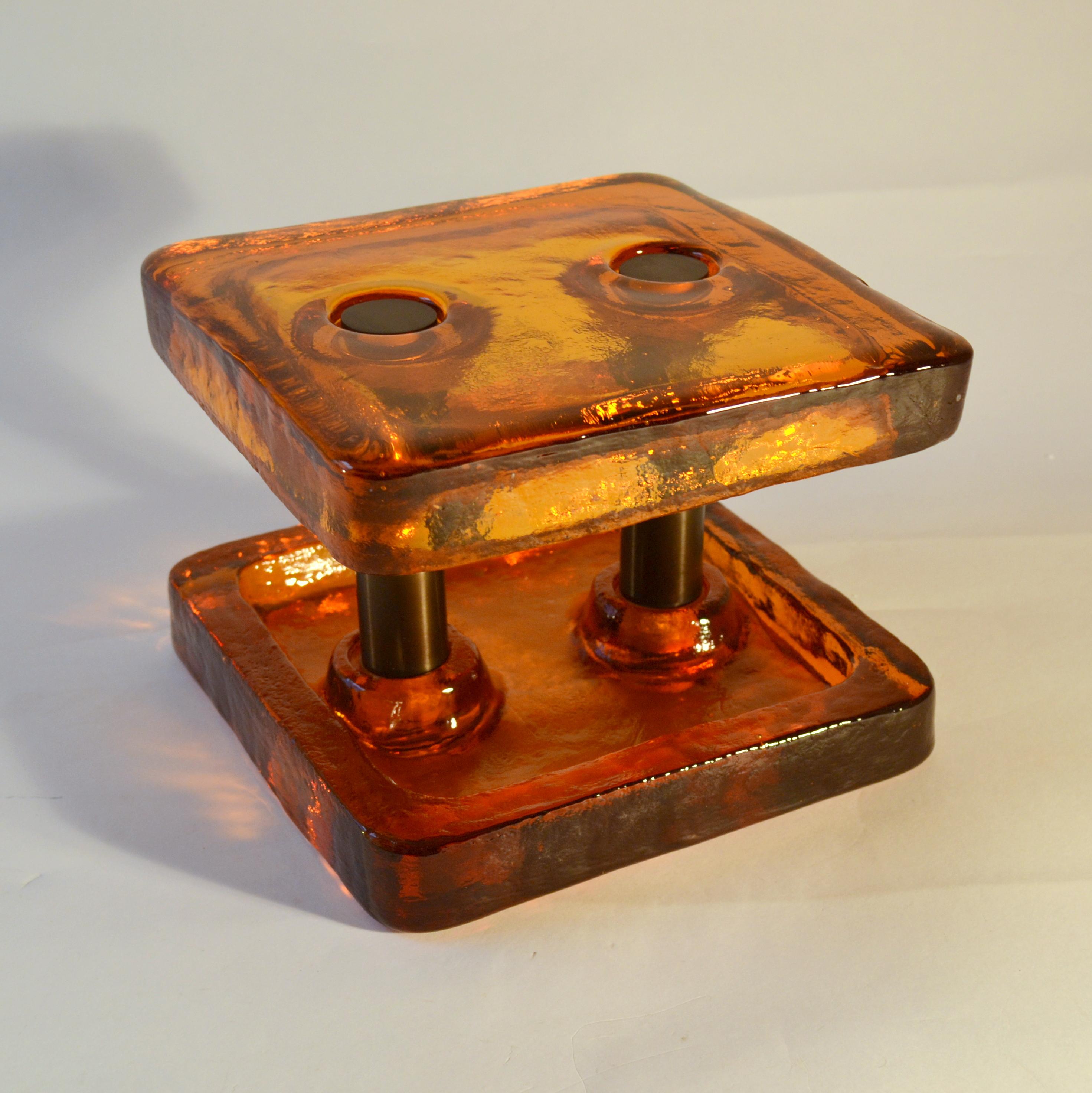 Brass Architectural Square Push Pull Pair of Double Door Handle in Orange Glass