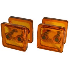 Square Push and Pull Pair of Double Door Handle in Orange Glass