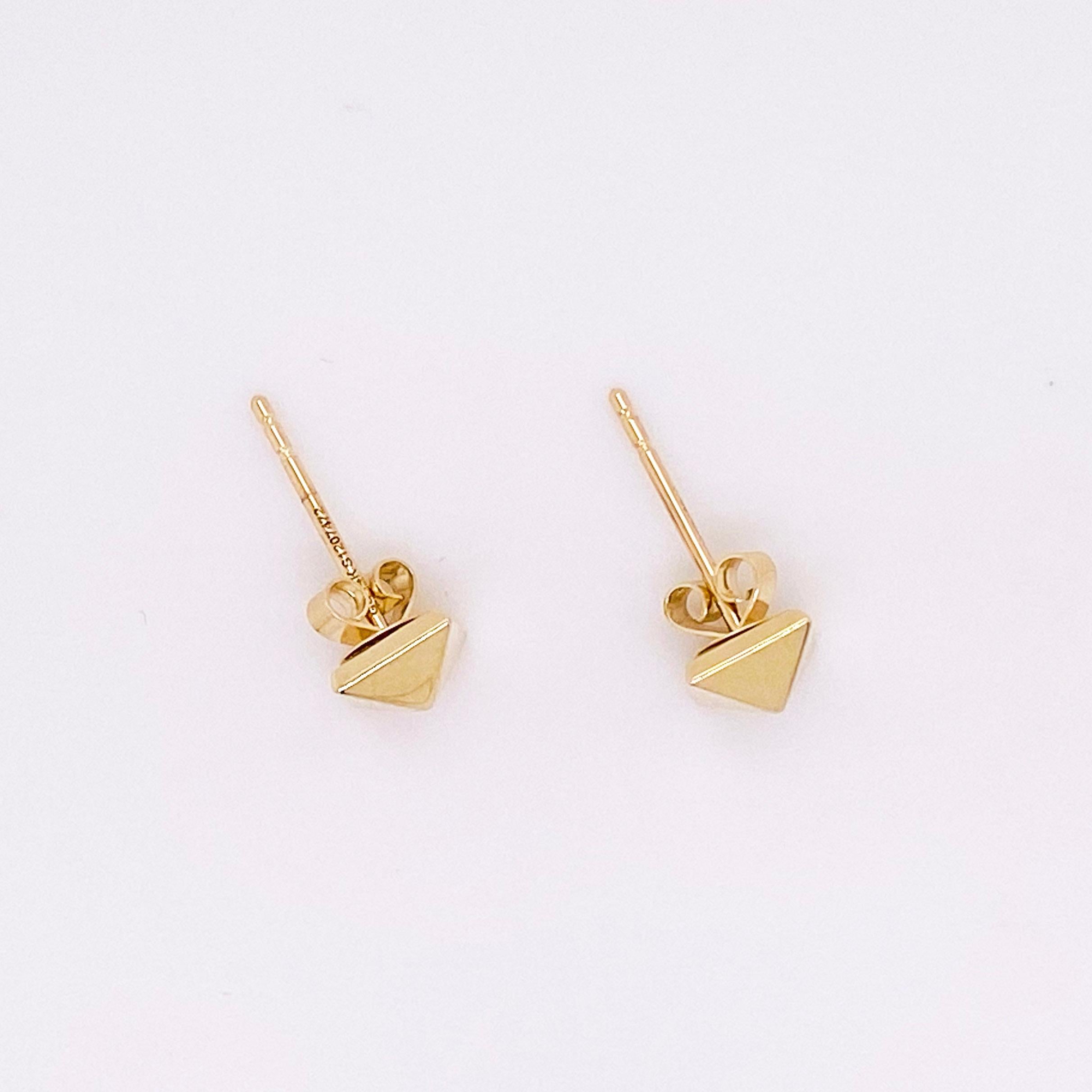 Women's Square Pyramid Earrings, 14 Karat Yellow Gold Pyramid Stud Earrings, Post Square For Sale