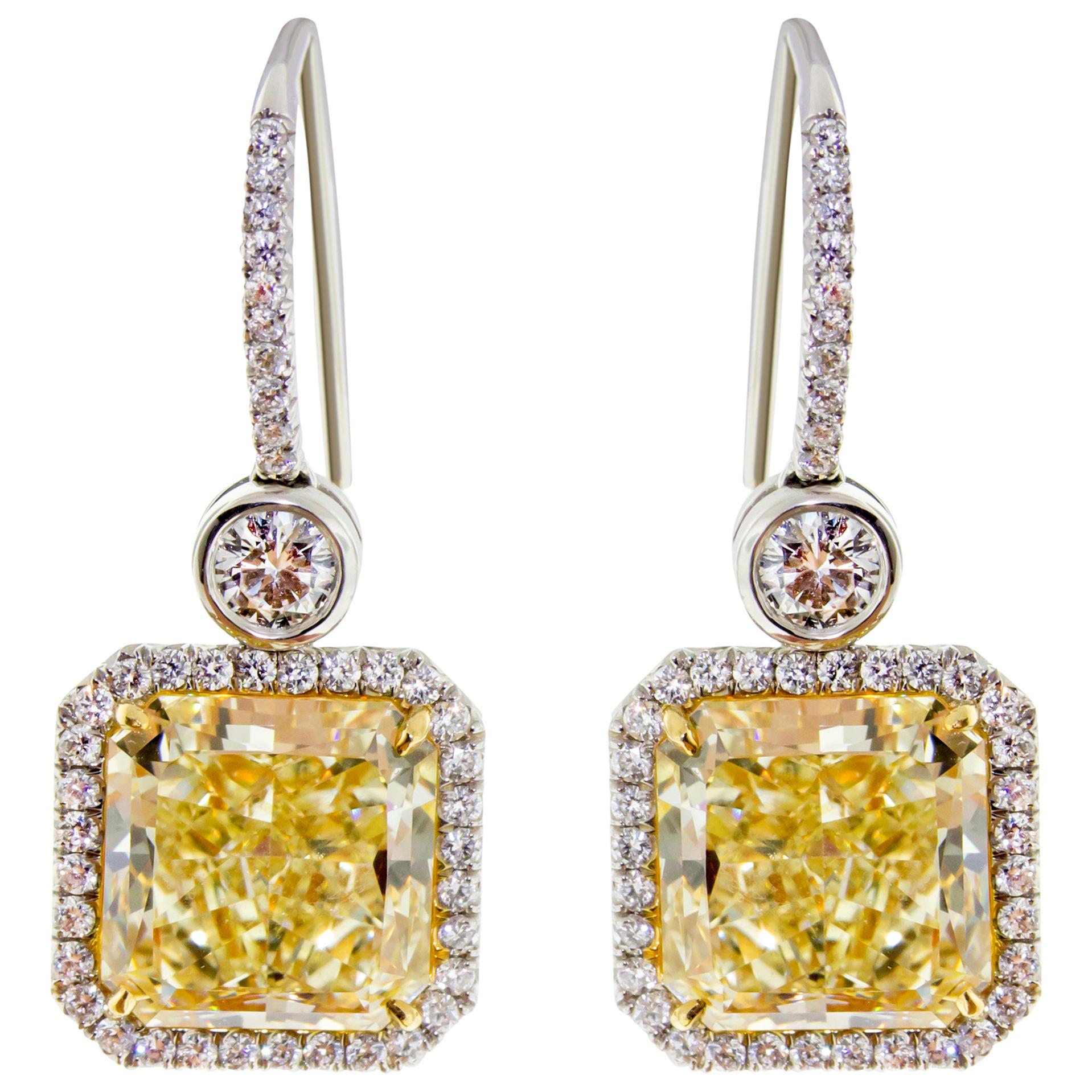 Square Radiant Yellow Diamond Pave Halo Drop Earrings