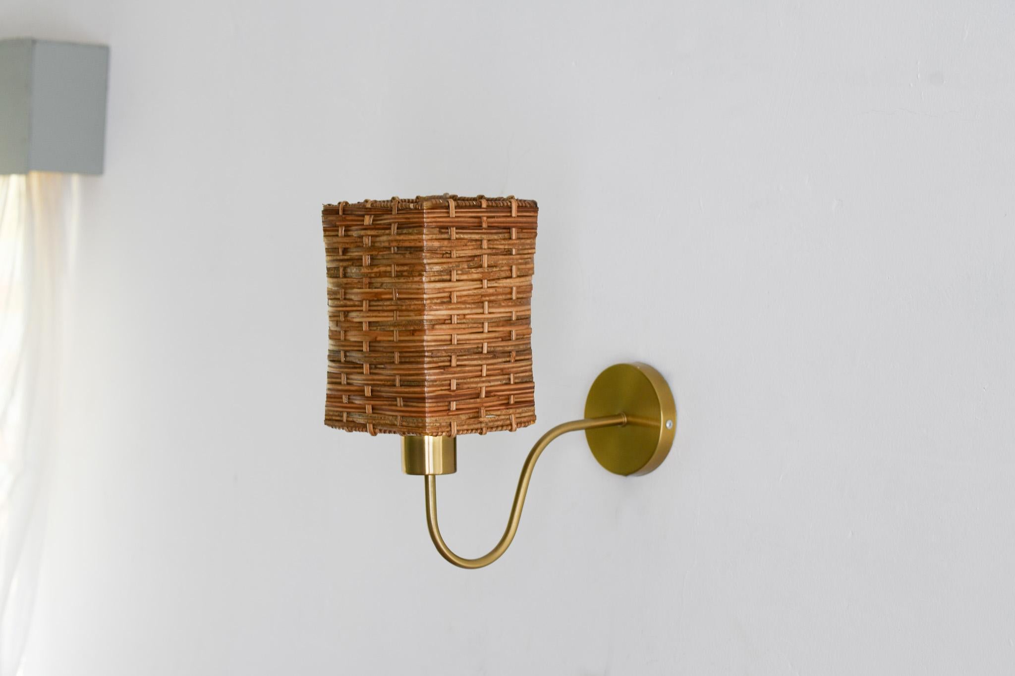 Mid-Century Modern Square Rattan Cane Wall Sconce For Sale
