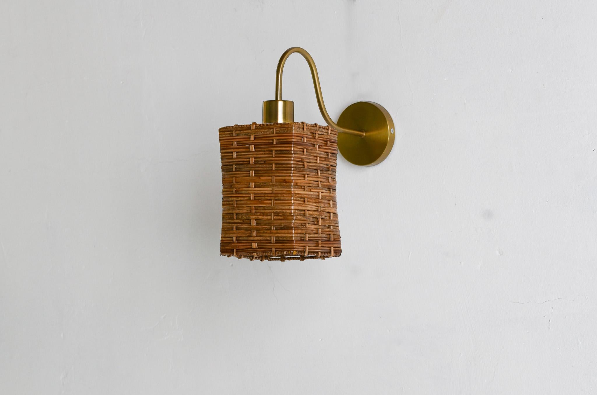 Hand-Crafted Square Rattan Cane Wall Sconce For Sale