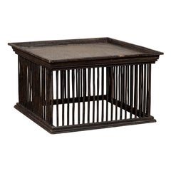 Square Rattan Coffee Table with Silver Leaf Top and Spindle Design, Vintage