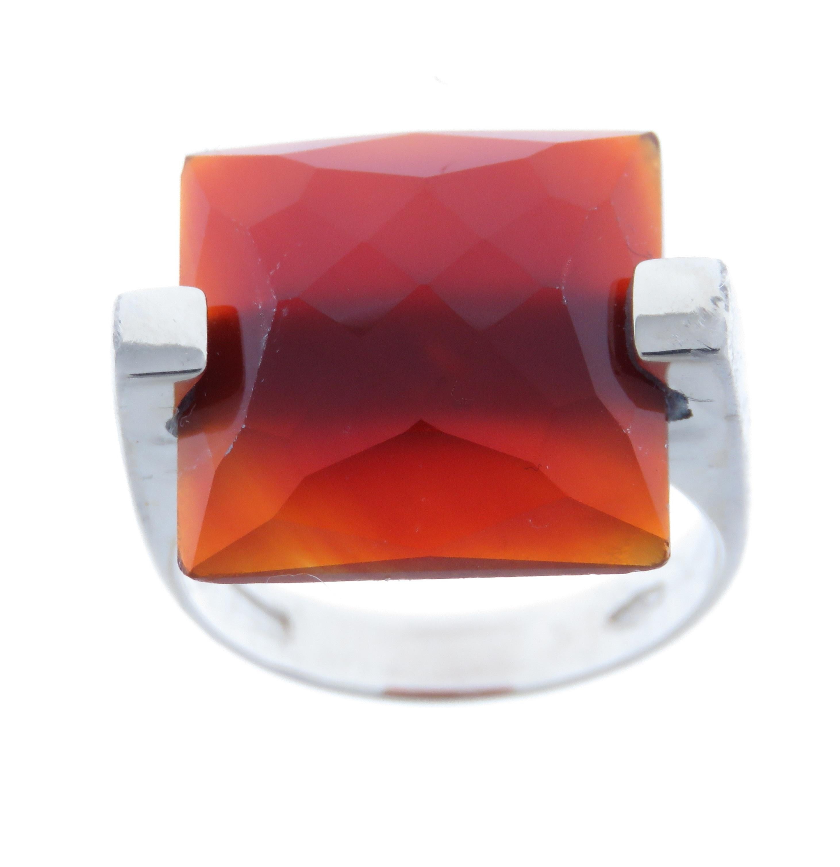 Modern Square Red Carnelian 9 Karat White Gold Ring Handcrafted in Italy