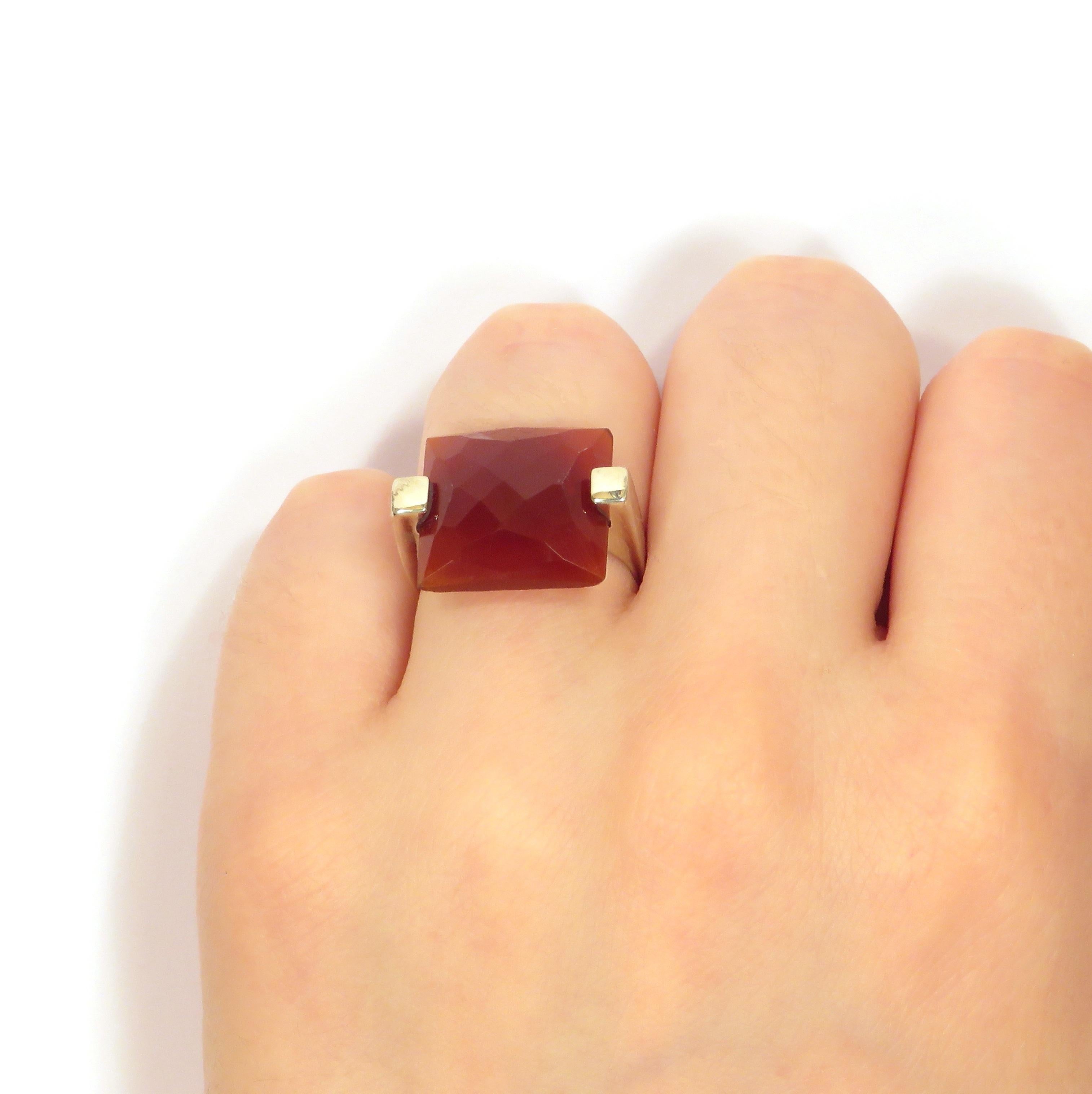 Cabochon Square Red Carnelian 9 Karat White Gold Ring Handcrafted in Italy