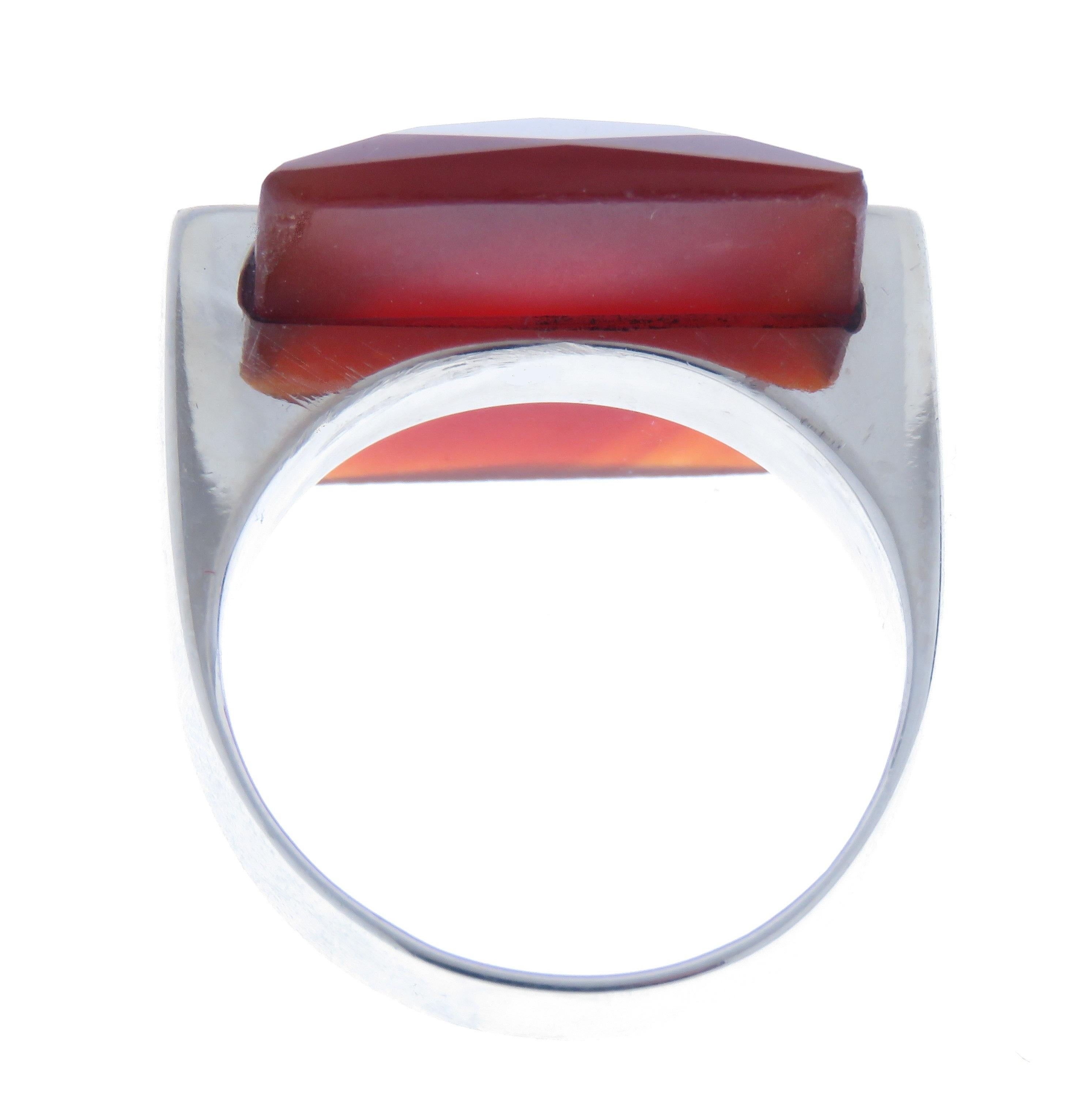 Women's Square Red Carnelian 9 Karat White Gold Ring Handcrafted in Italy