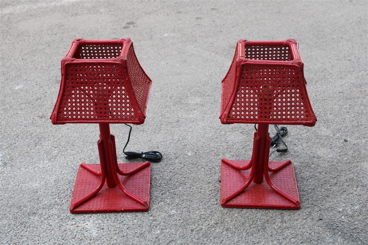 Mid-Century Modern Square Red Table Lamp Bamboo Italian Midcentury Design, 1960s