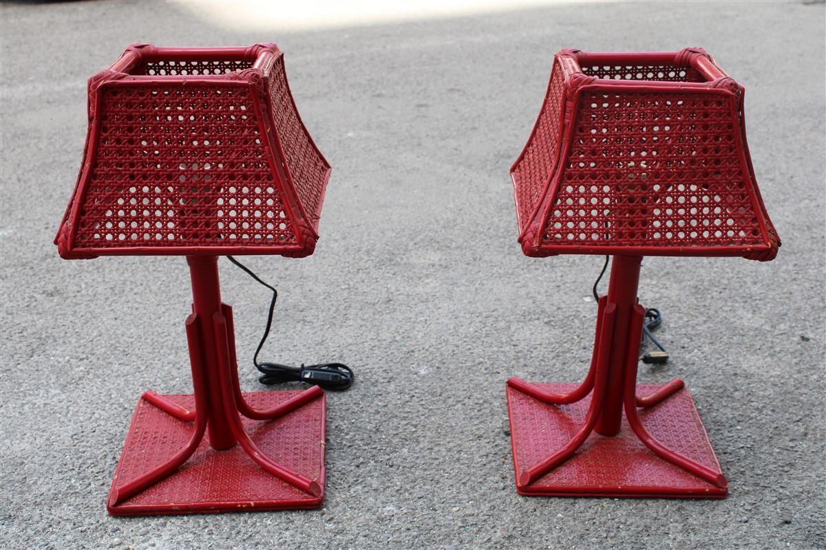 Mid-20th Century Square Red Table Lamp Bamboo Italian Midcentury Design, 1960s