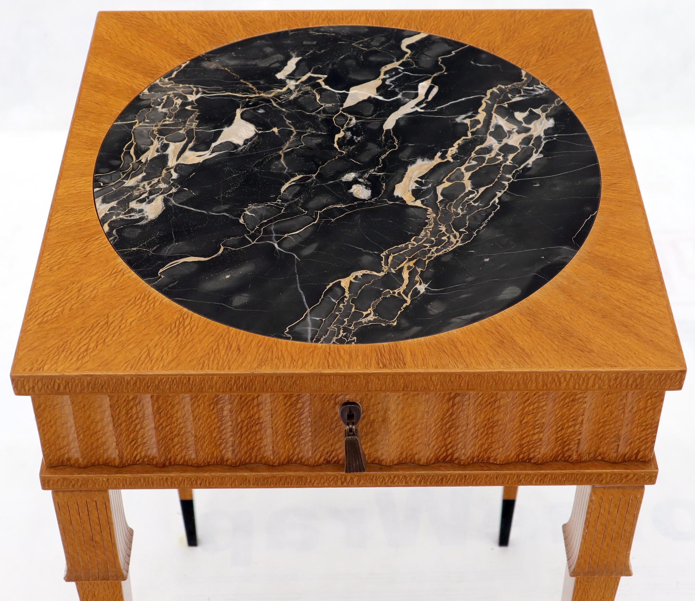 20th Century Square Round Black Marble Insert Top One Drawer Lamp Accent Table Stand For Sale