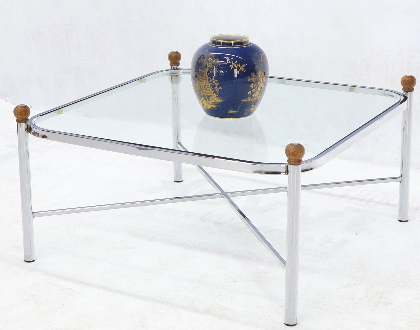 20th Century Square Rounded Corners Wood Finials X-Stretcher Base Chrome Coffee Table For Sale
