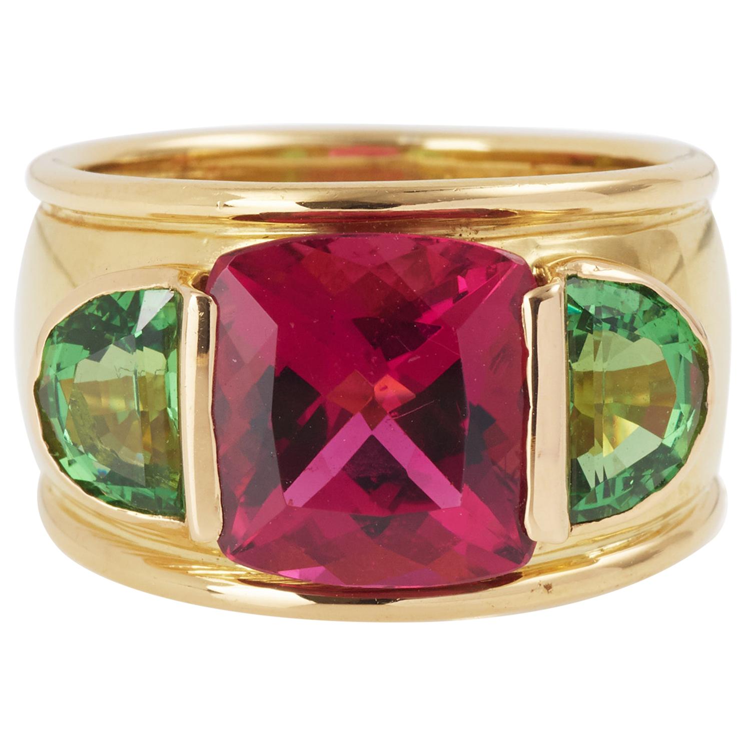 Square Rubellite and Green Tourmaline 18 Karat Yellow Gold Band Ring