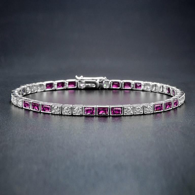 Square Cut Square Ruby and Diamond Art Deco Style Tennis Bracelet in 18K White Gold For Sale
