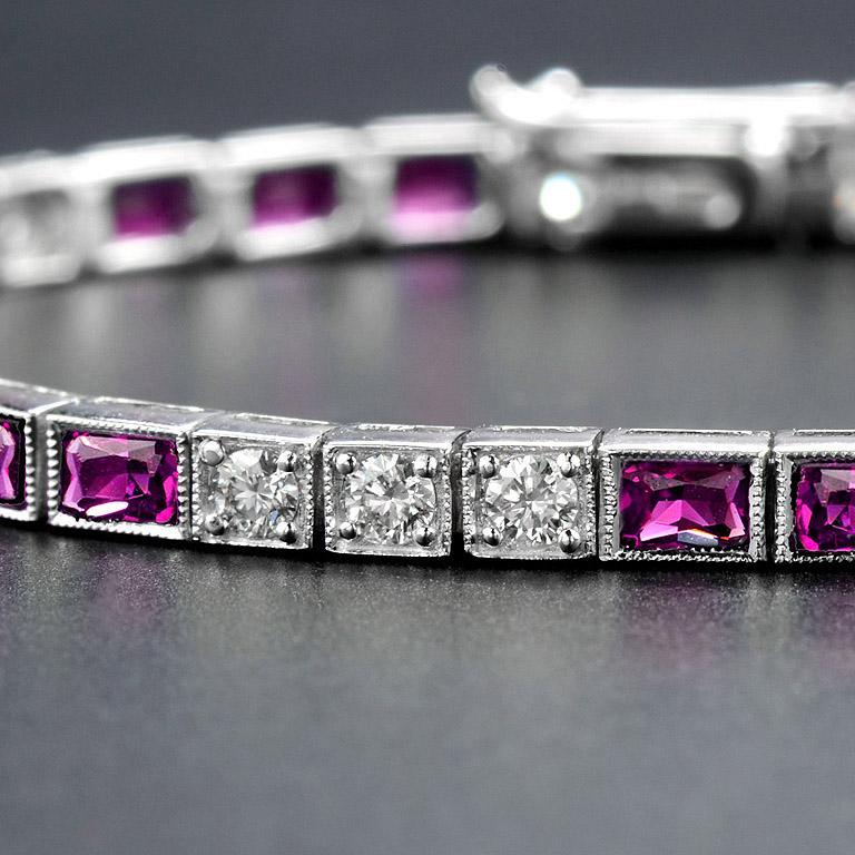 Women's Square Ruby and Diamond Art Deco Style Tennis Bracelet in 18K White Gold For Sale