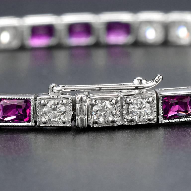 Square Ruby and Diamond Art Deco Style Tennis Bracelet in 18K White Gold For Sale 1