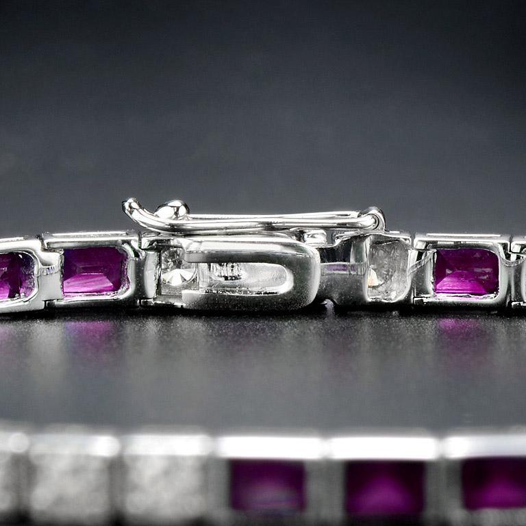 Square Ruby and Diamond Art Deco Style Tennis Bracelet in 18K White Gold For Sale 2