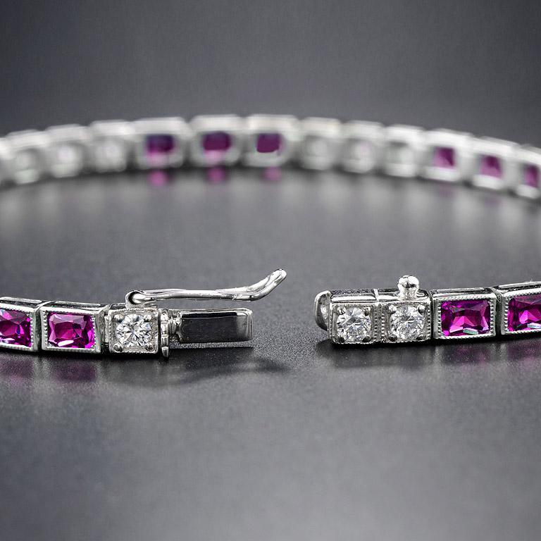 Square Ruby and Diamond Art Deco Style Tennis Bracelet in 18K White Gold For Sale 3