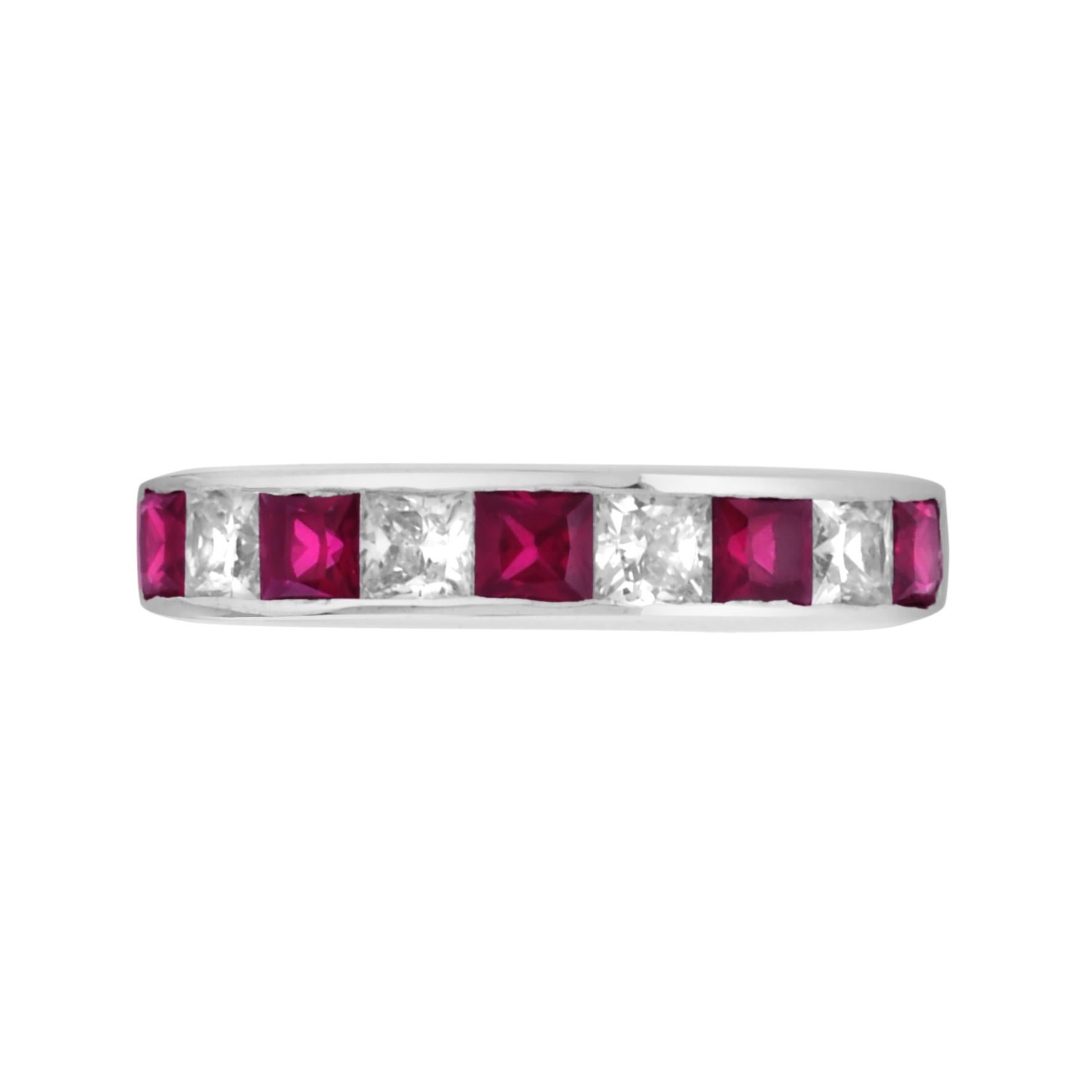 Timeless and vibrant, this half eternity band features alternating square cut rubies and brilliant diamonds, set in a sleek channel setting. Each gem is meticulously arranged in a ruby-diamond-ruby pattern for perfect balance and color contrast. The