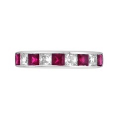 Square Ruby and Diamond Channel Half Eternity Band ring in 18K White Gold