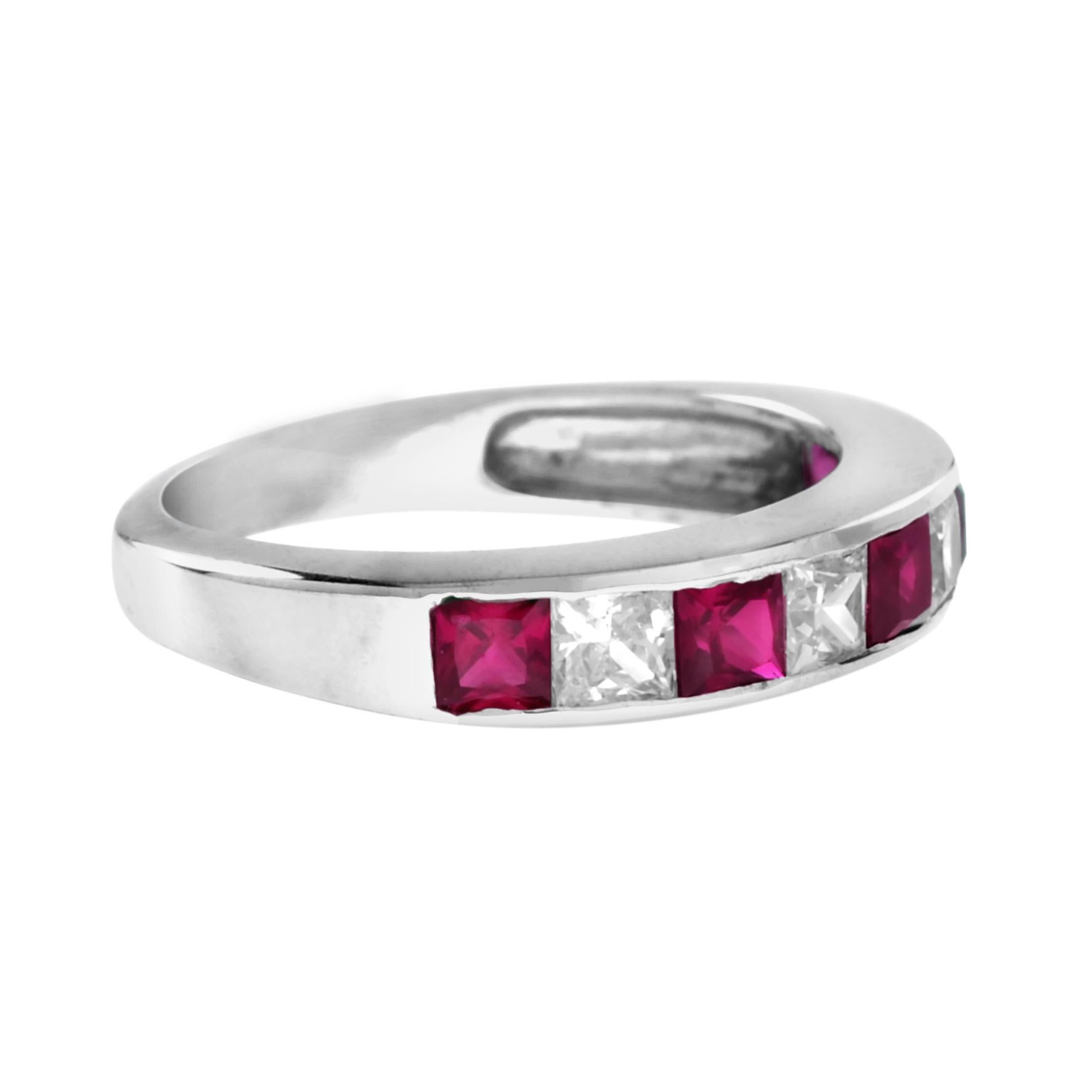 Art Deco Square Ruby and Diamond Channel Half Eternity Band ring in 18K White Gold For Sale