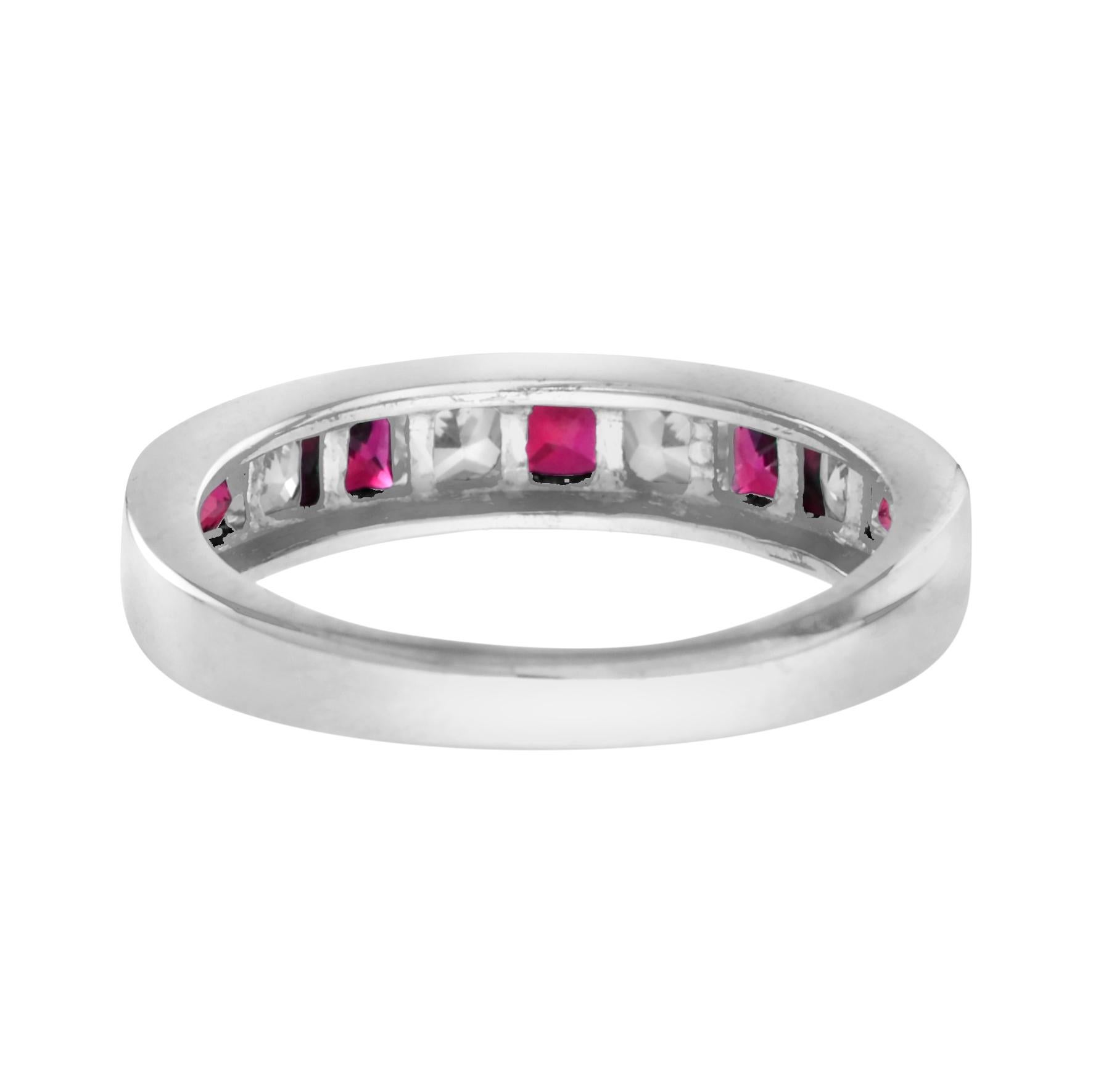 Square Cut Square Ruby and Diamond Channel Half Eternity Band ring in 18K White Gold For Sale