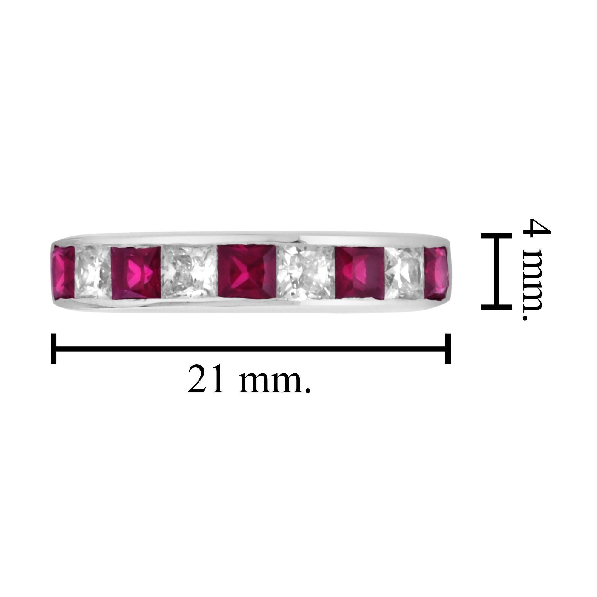 Women's or Men's Square Ruby and Diamond Channel Half Eternity Band ring in 18K White Gold For Sale