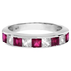Square Ruby and Diamond Channel Half Eternity Band ring in 18K White Gold