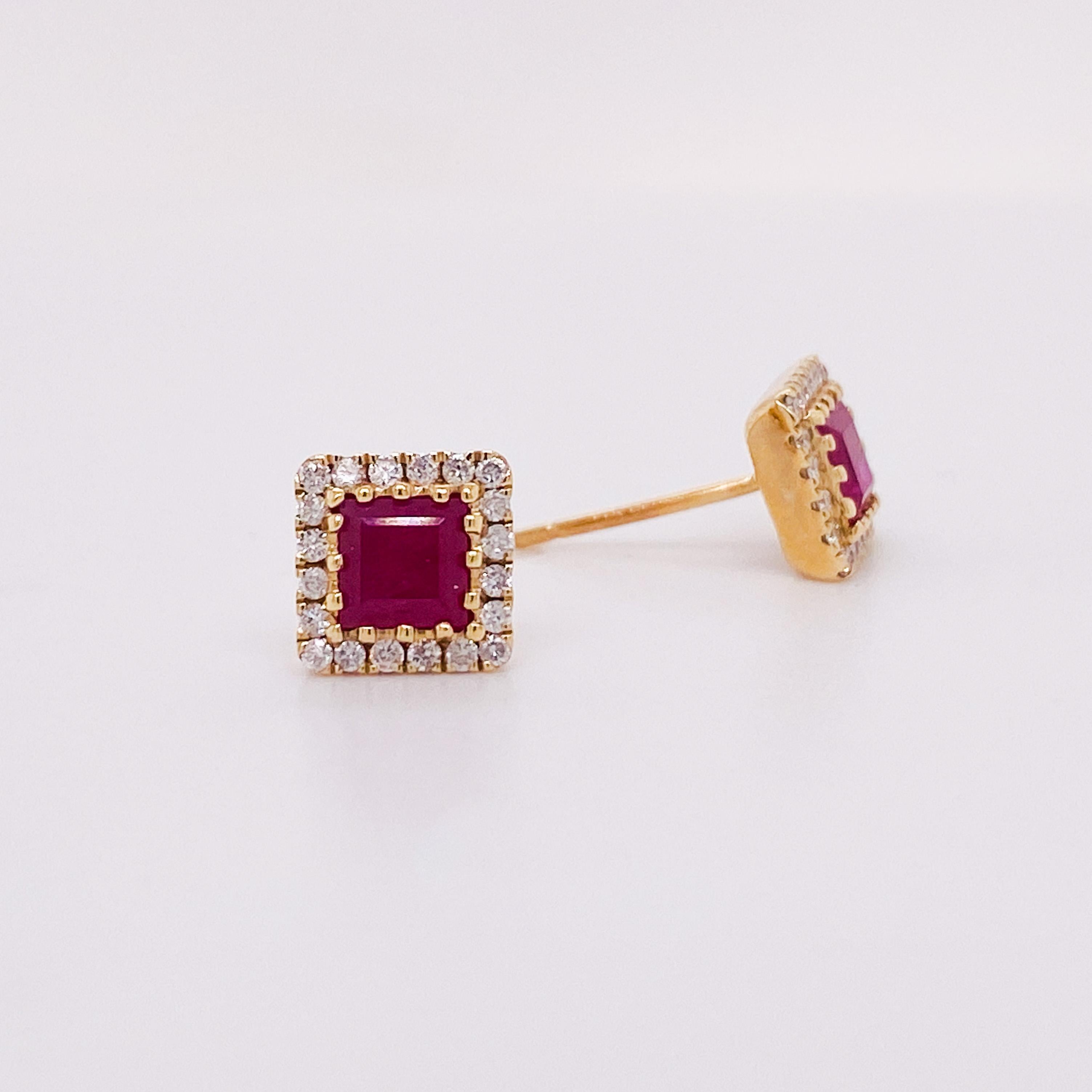 These genuine ruby and diamond earring studs are stunning! With a square, or princess cut, genuine ruby gemstone set in each earring. The ruby gemstone is framed with a diamond halo that sparkles and compliments the ruby beautifully. These ruby stud