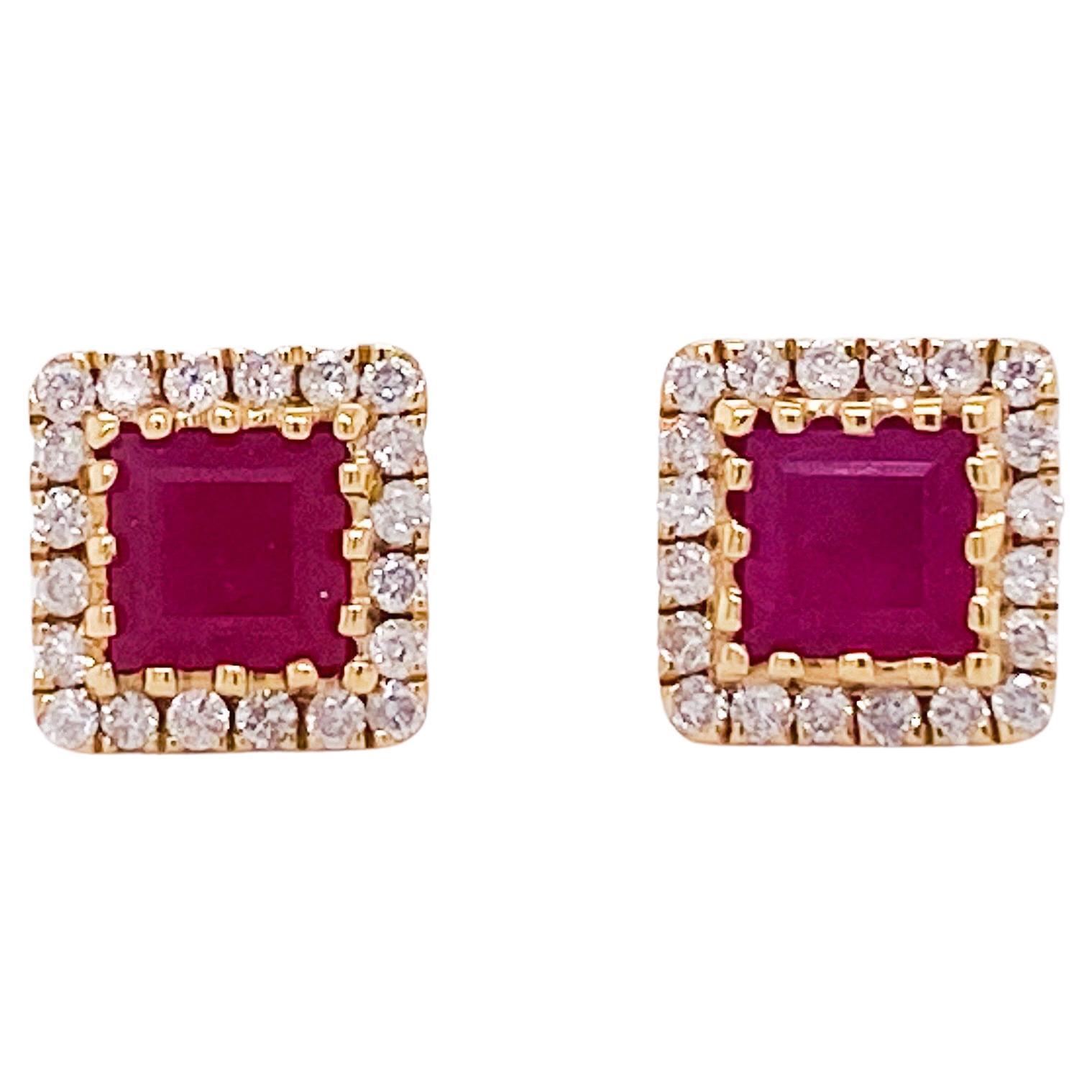Square Ruby and Diamond Halo Earring Studs, 14 Karat Yellow Gold July Birthstone For Sale