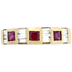Square Ruby and Tapered Baguette Diamonds 18k Gold Semi Eternity Ring Channel
