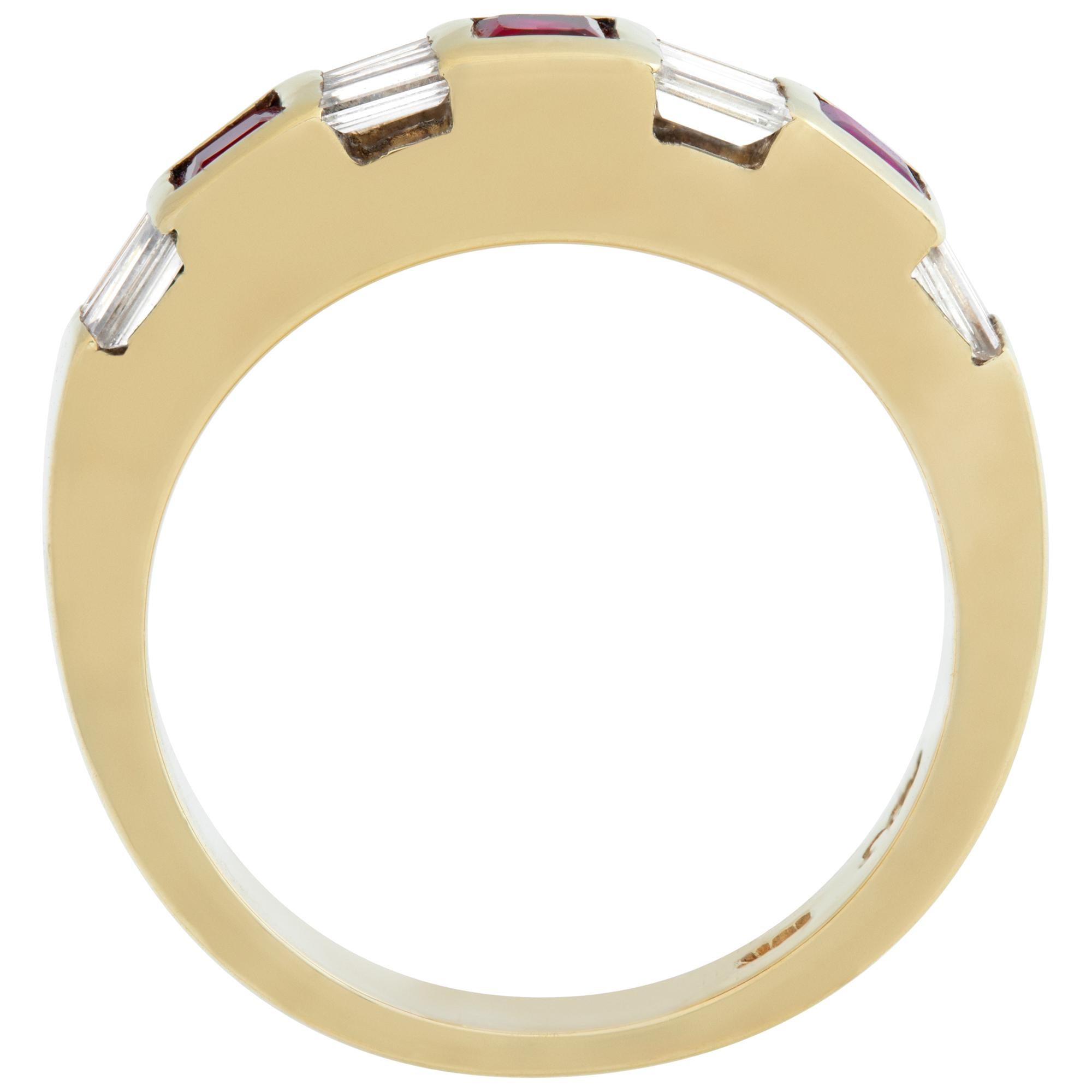 Women's Square Ruby and Tapered Baguette Diamonds 18k Gold Semi Eternity Ring Channel  For Sale