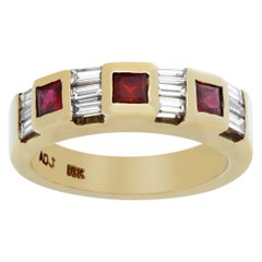 Square Ruby and Tapered Baguette Diamonds 18k Gold Semi Eternity Ring Channel