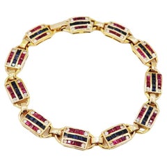 Square Ruby Blue Sapphire Diamond Striped Banner 18K Yellow Gold Link Bracelet
