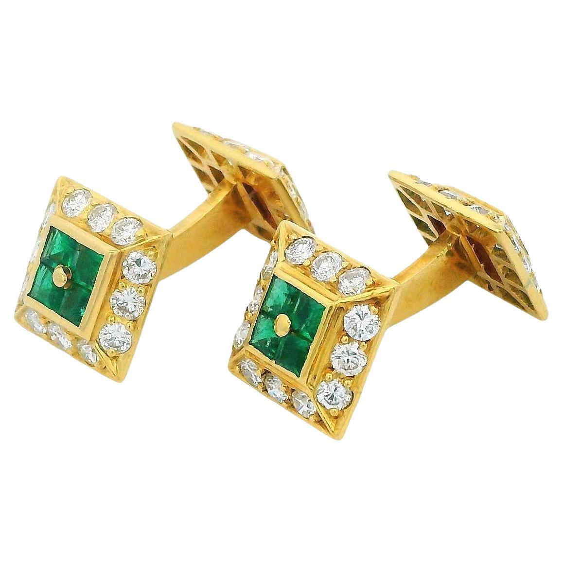 Square Ruby 
Emerald W/ Brilliant-Cut Diamonds in Gold Cufflinks For Sale