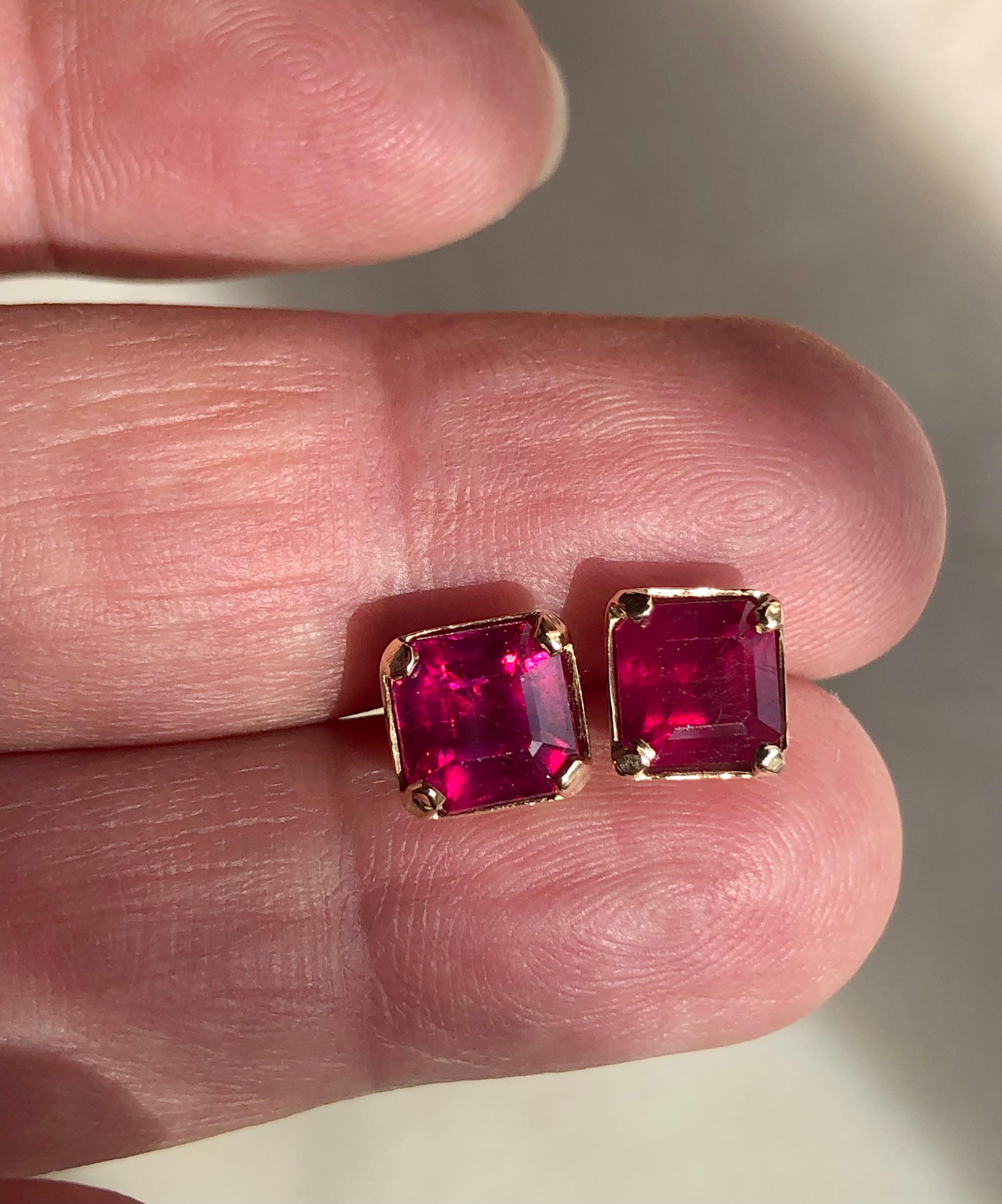 Square Cut Square Ruby Stud Earrings 18K Gold For Sale