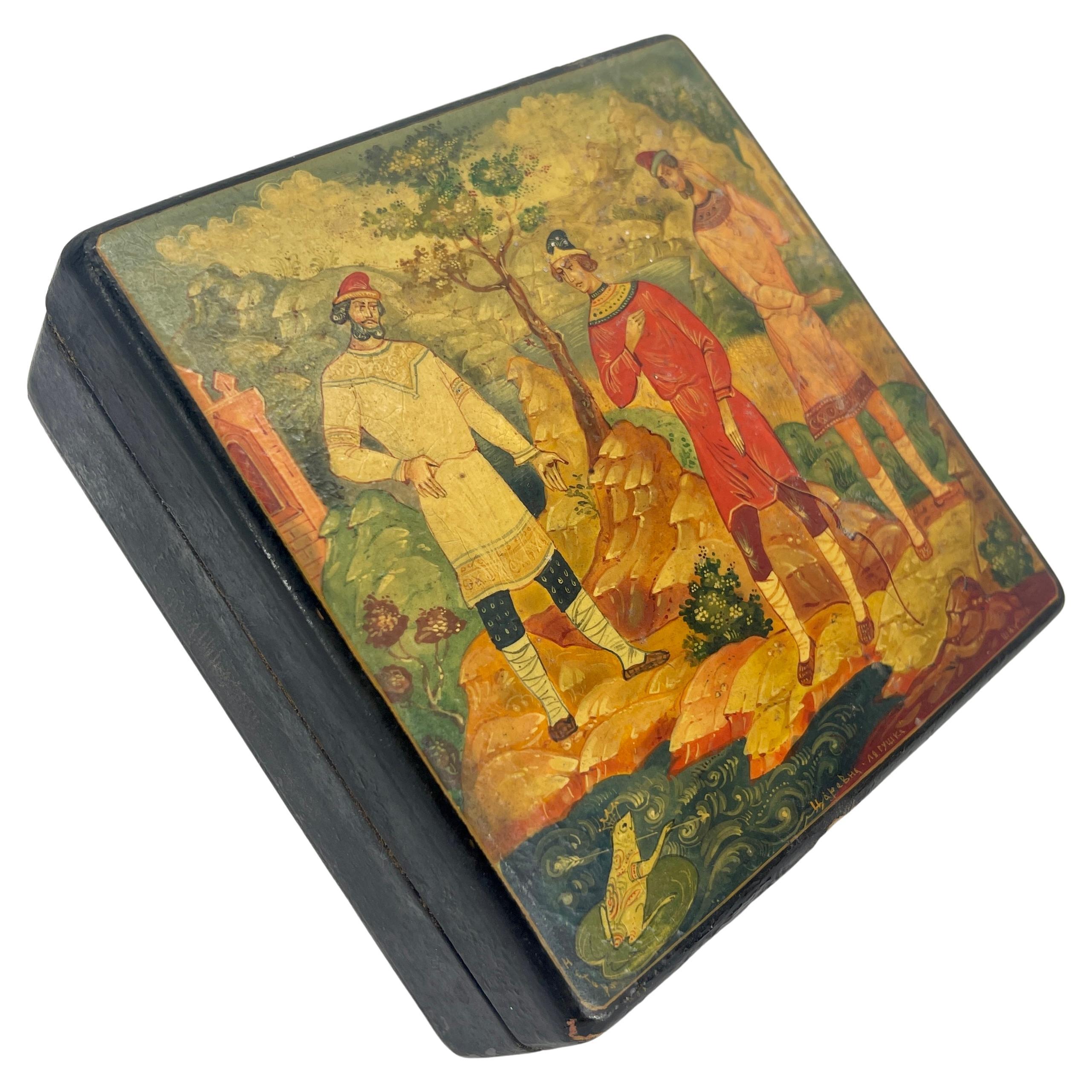 Rare Large Antique Russian Hand Painted Lacquered Wooden Box, Signed in Cyrillic.
This square two part box has two signature at the lower right side of the lid. The lid is beautifully hand painted in polychrome illustration of 3 adult men looking at