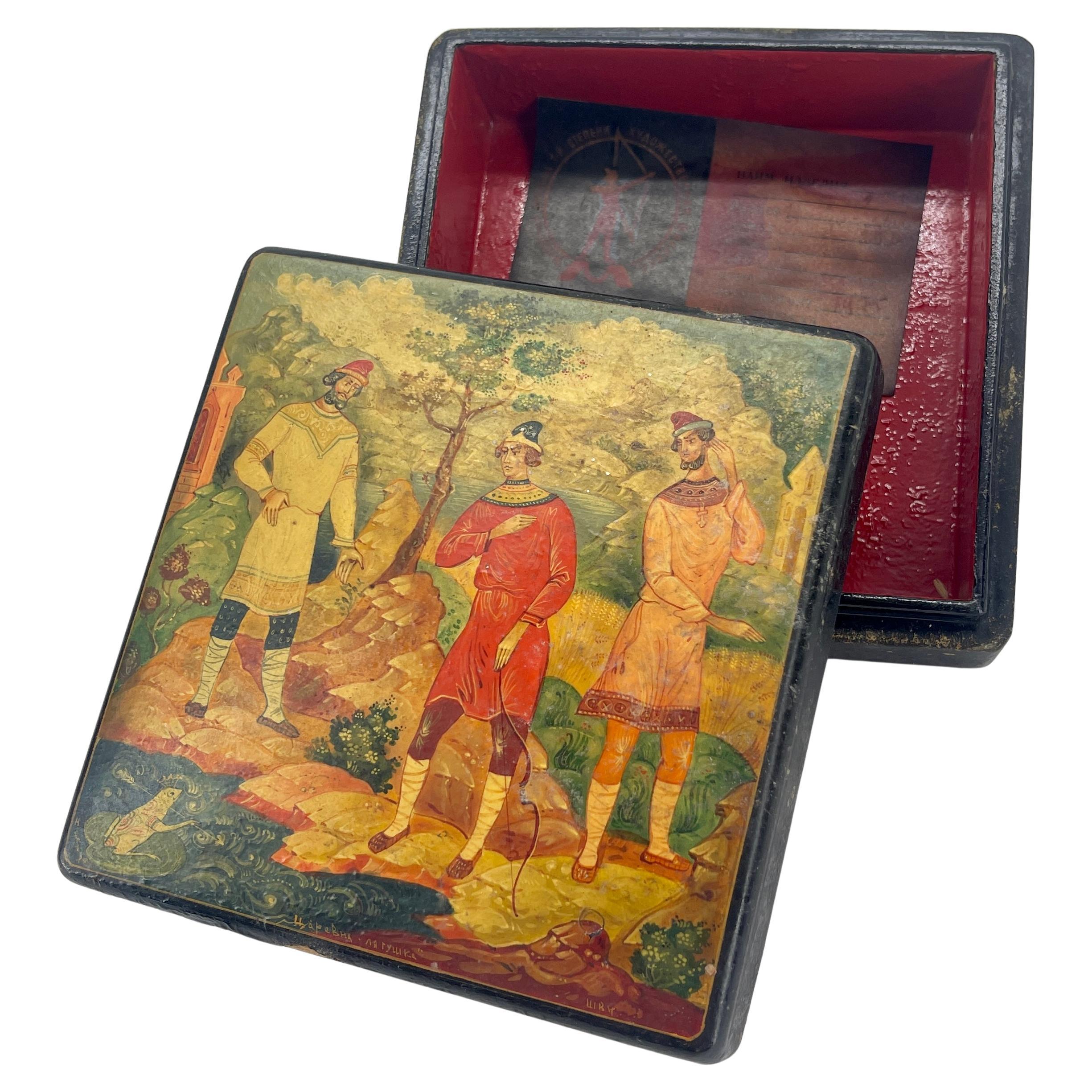 Folk Art Square Russian Hand Painted Lacquered Wooden Box, Signed