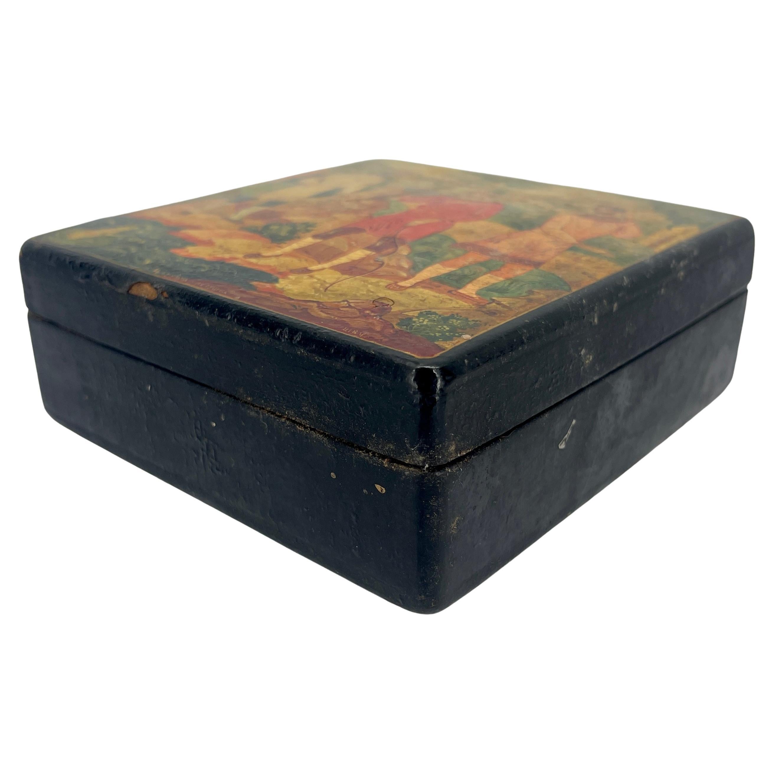 Square Russian Hand Painted Lacquered Wooden Box, Signed In Good Condition In Haddonfield, NJ