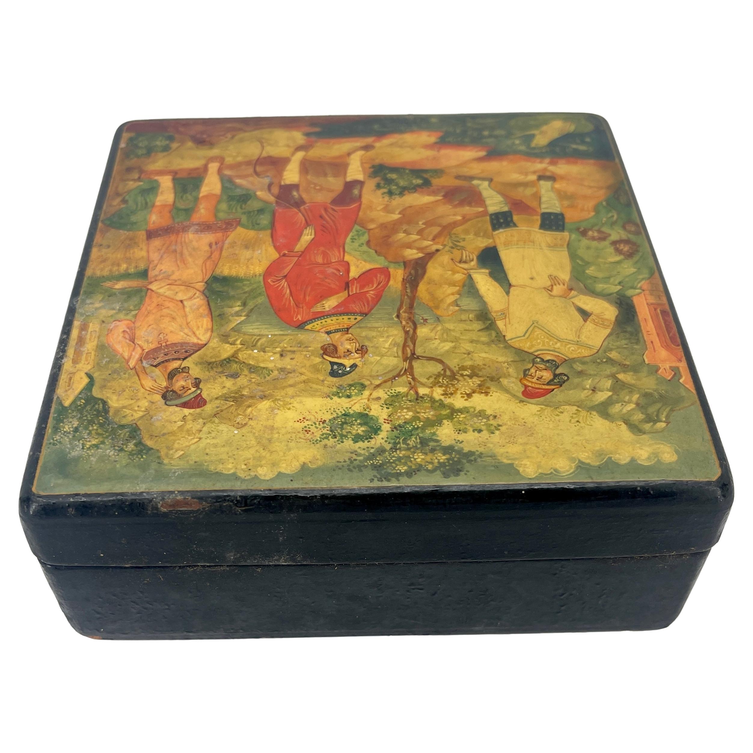 20th Century Square Russian Hand Painted Lacquered Wooden Box, Signed