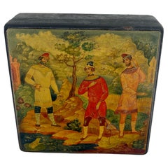 Square Russian Hand Painted Lacquered Wooden Box, Signed
