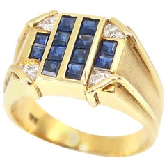 Vintage Square Sapphire and Diamond 18 Karat Matte Yellow Gold Unisex Signet Ring