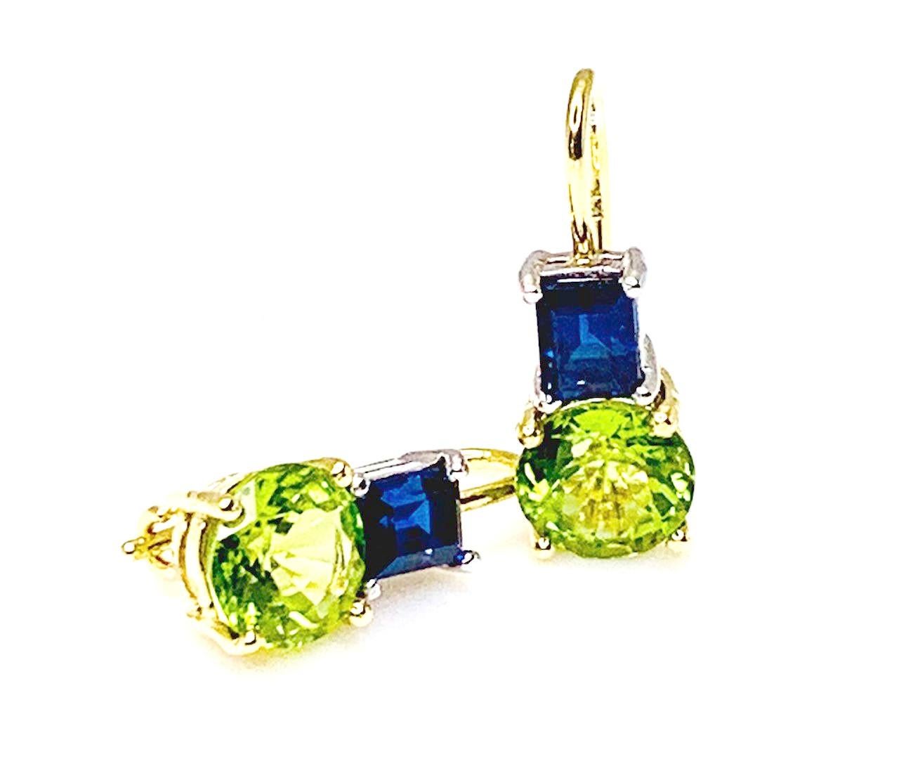Round Cut Sapphire and Peridot Drop Earrings in Yellow and White Gold For Sale