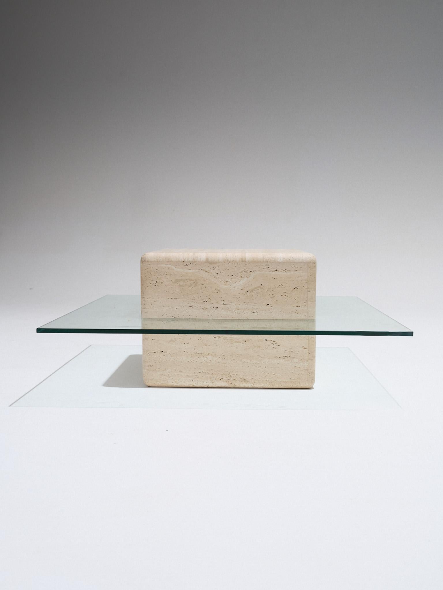Mid-Century Modern Square “Saturne” Travertine Coffee Table, 1980s For Sale