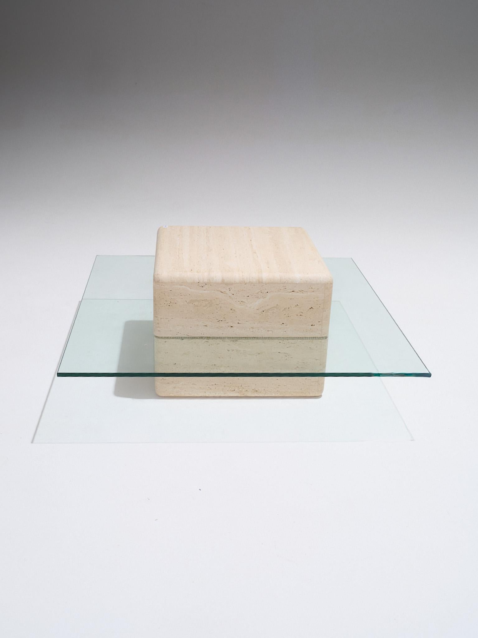 Square “Saturne” Travertine Coffee Table, 1980s In Good Condition For Sale In PARIS, FR