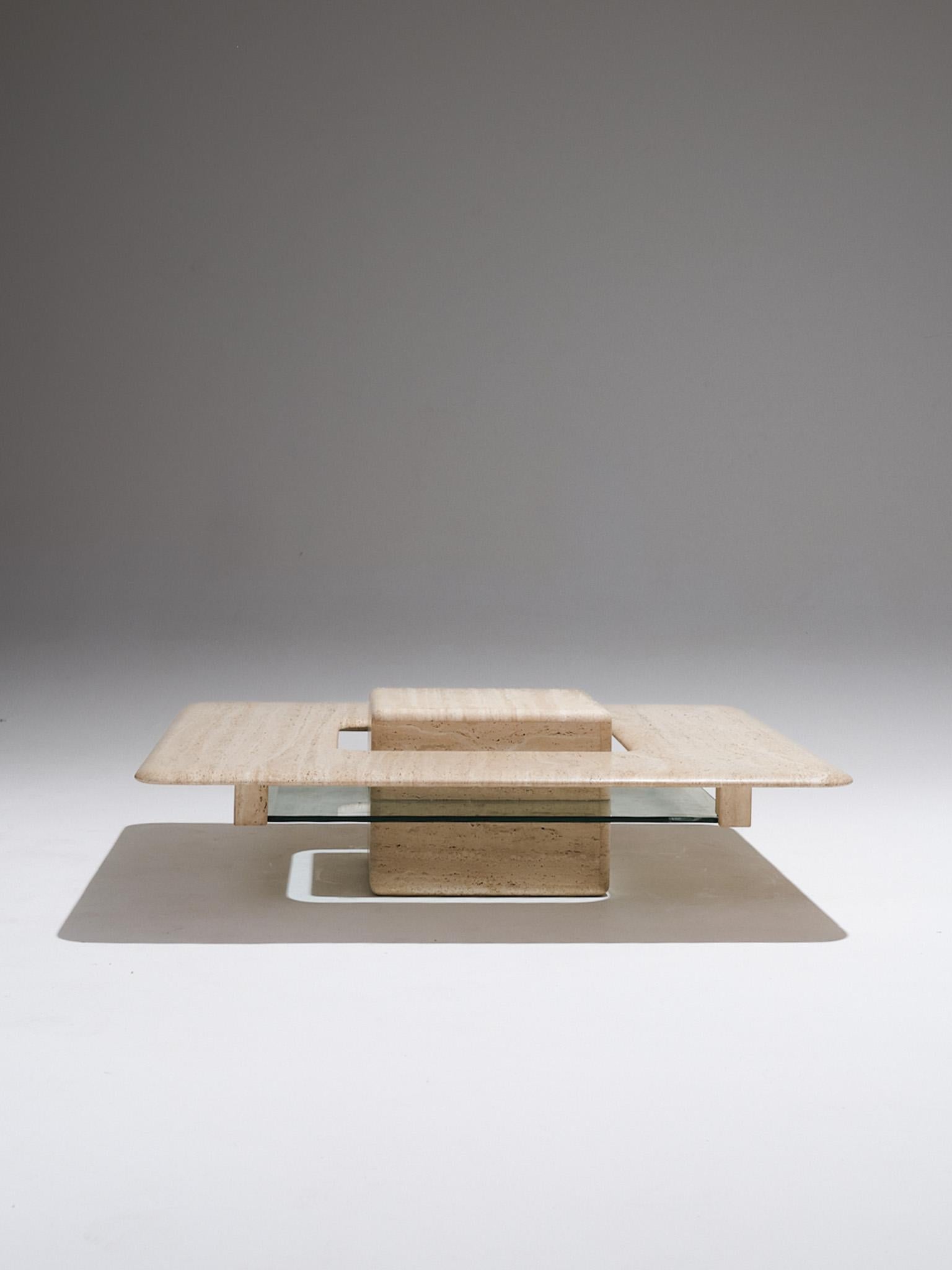 Square “Saturne” Travertine Coffee Table, 1980s For Sale 1