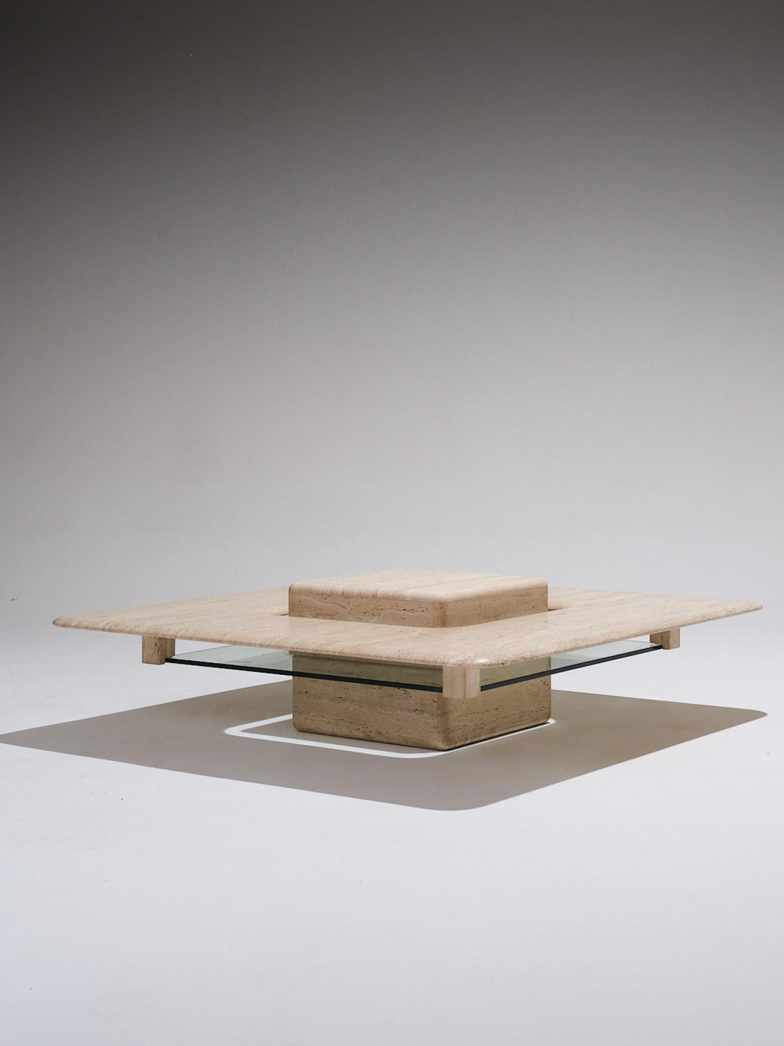 Square “Saturne” Travertine Coffee Table, 1980s For Sale 2
