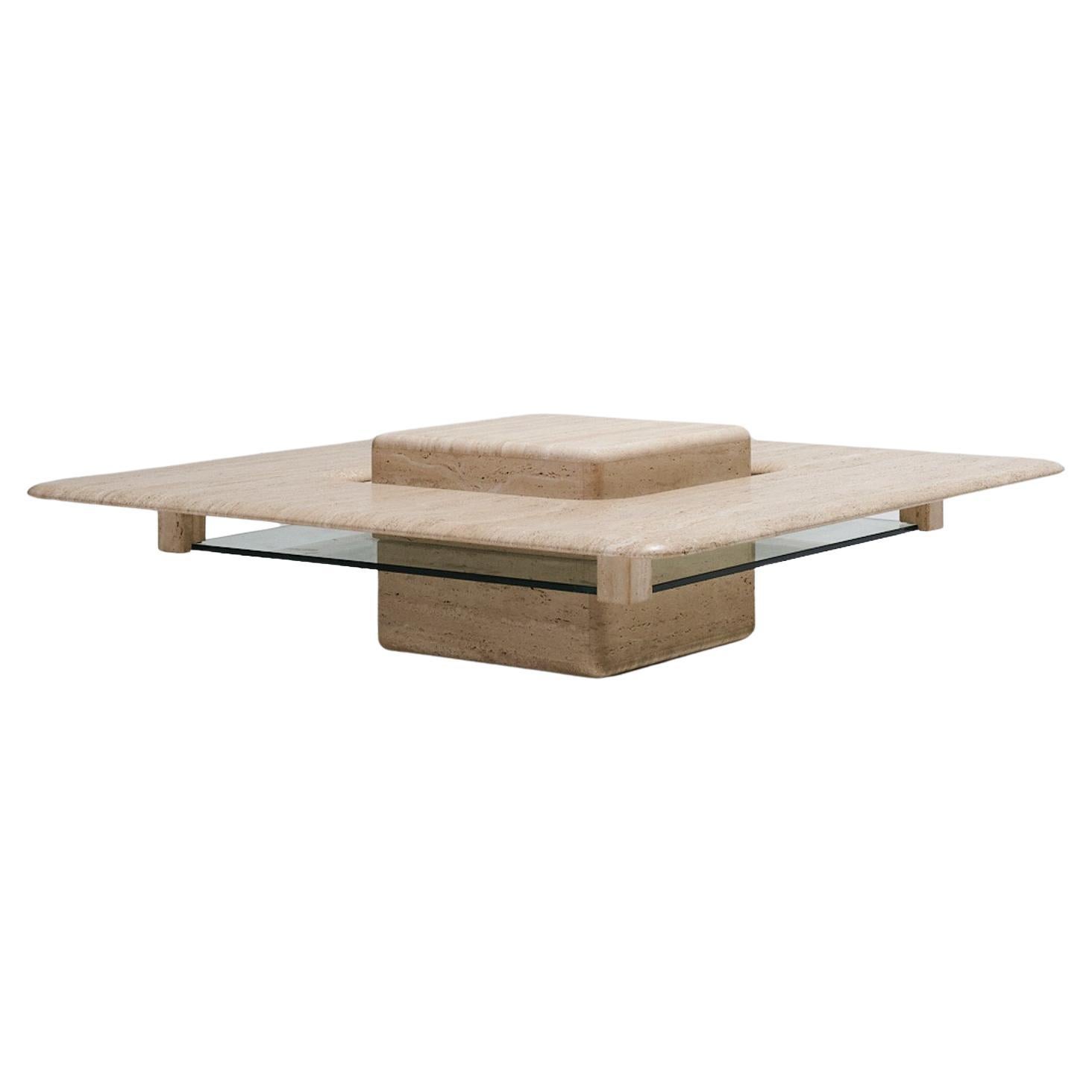 Square “Saturne” Travertine Coffee Table, 1980s For Sale